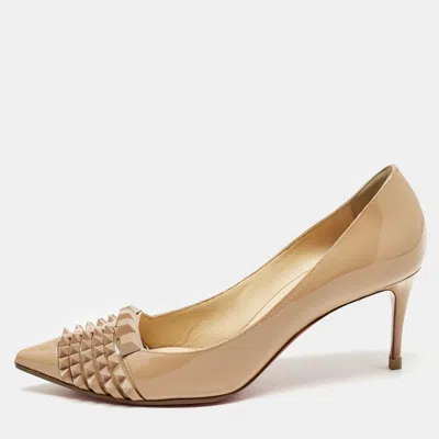 Pre-owned Christian Louboutin Beige Patent Leather And Mesh Pyrami Pumps Size 38