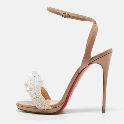 Pre-owned Christian Louboutin Beige Patent Leather And Suede Crystal Queen Sandals Size 39