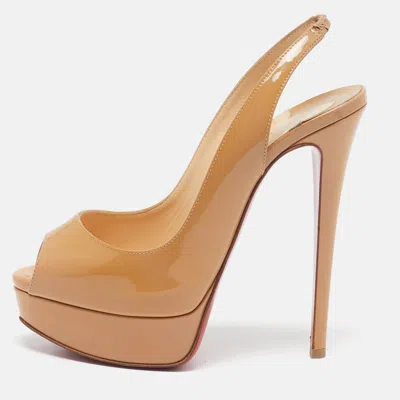 Pre-owned Christian Louboutin Beige Patent Leather Lady Peep Slingback Pumps Size 36.5