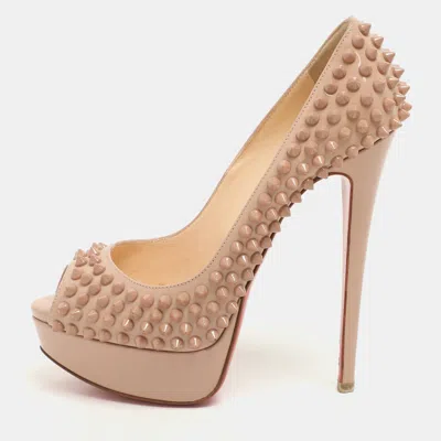 Pre-owned Christian Louboutin Beige Patent Leather Lady Peep Spikes Platform Pumps Size 36.5