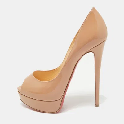 Pre-owned Christian Louboutin Beige Patent Leather Lady Peep Toe Platform Pumps Size 38.5