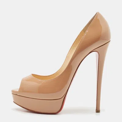 Pre-owned Christian Louboutin Beige Patent Leather Lady Peep Toe Pumps Size 38.5