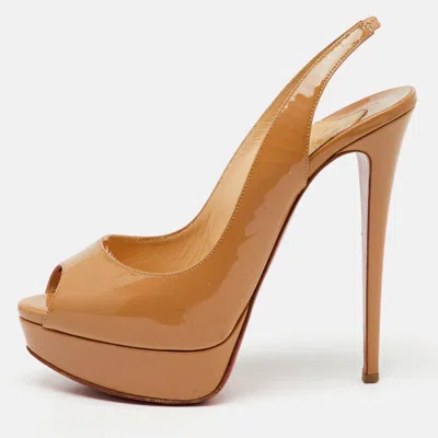 Pre-owned Christian Louboutin Beige Patent Leather Lady Peep Toe Slingback Platform Pumps Size 40