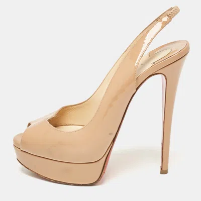 Pre-owned Christian Louboutin Beige Patent Leather Lady Peep Toe Slingback Pumps Size 38.5