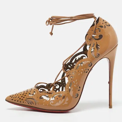 Pre-owned Christian Louboutin Beige Patent Leather Laser Cut Out Impera Lace Up Pumps Size 40