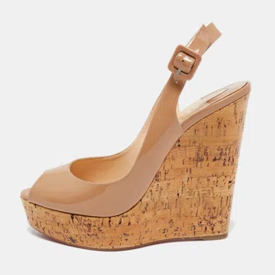 Pre-owned Christian Louboutin Beige Patent Leather Peep Toe Ankle Strap Wedge Sandals Size 40.5