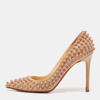 Pre-owned Christian Louboutin Beige Patent Leather Pigalle Spikes Pointed Toe Pumps Size 38