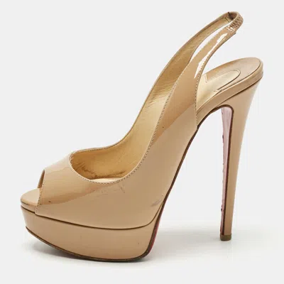 Pre-owned Christian Louboutin Beige Patent Leather Private Number Peep Toe Pumps Size 35.5 In Sand