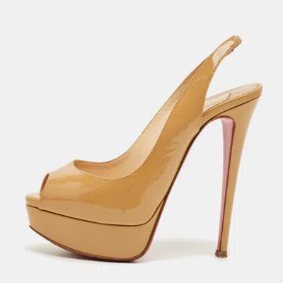 Pre-owned Christian Louboutin Beige Patent Leather Private Number Peep Toe Pumps Size 35.5 In Sand