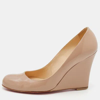 Pre-owned Christian Louboutin Beige Patent Leather Ronron Zeppa Wedge Pumps Size 38.5