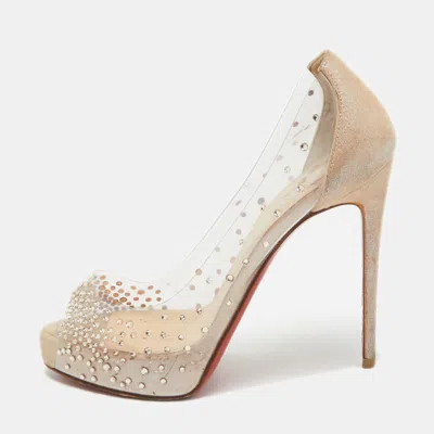 Pre-owned Christian Louboutin Beige Pvc And Glitter Nubuck Very Strass Peep Toe Pumps Size 34