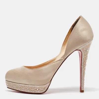 Pre-owned Christian Louboutin Beige Satin Crystal Embellished Platform Pumps Size 37