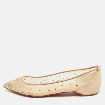 Pre-owned Christian Louboutin Beige Suede And Mesh Follies Strass Ballet Flats Size 37