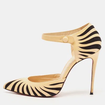 Pre-owned Christian Louboutin Beige/black Patent Leather Last Empress Mary Jane Pumps Size 38.5