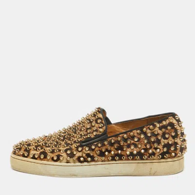 Pre-owned Christian Louboutin Beige/brown Leopard Print Calf Hair Spike Pik Boat Trainers Size 40.5
