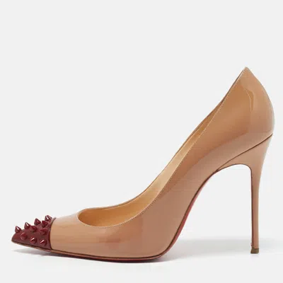 Pre-owned Christian Louboutin Beige/burgundy Patent Leather Geo Spikes Cap Toe Pumps Size 39.5