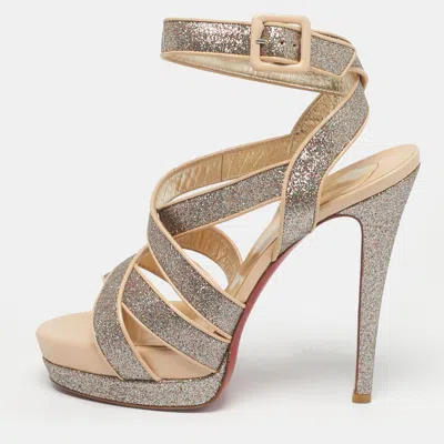 Pre-owned Christian Louboutin Beige/gold Glitter And Leather Straratata Strappy Platform Sandals Size 37