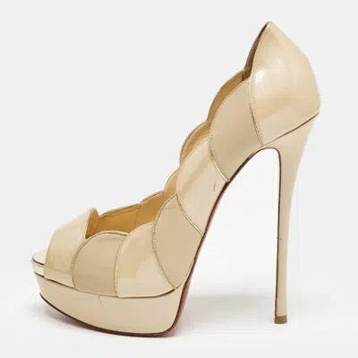 Pre-owned Christian Louboutin Beige/gold Leather And Patent Leather Torsatoe Peep Toe Pumps Size 38