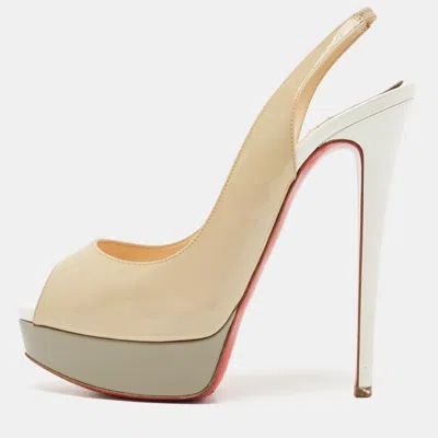 Pre-owned Christian Louboutin Beige/grey Patent Leather Lady Peep Platform Slingback Pumps Size 38.5