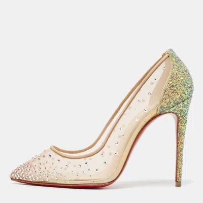 Pre-owned Christian Louboutin Beige/metallic Mesh And Glitter Follies Strass Pumps Size 36