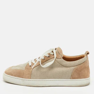 Pre-owned Christian Louboutin Beige/white Canvas And Suede Rantulow Low Top Sneakers Size 44.5 In Sand