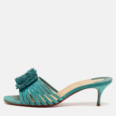 Pre-owned Christian Louboutin Belbrossa Size 38.5 Blue Suede Fringe Trim Slide Sandals