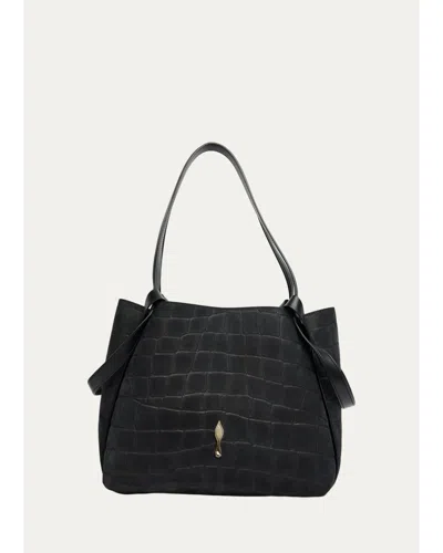 Christian Louboutin Bettina Small Croc-embossed Suede Tote Bag In Black