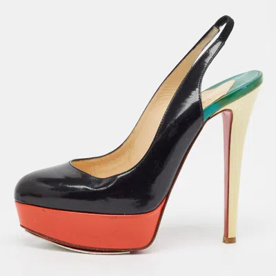Pre-owned Christian Louboutin Bianca Size 35 Tricolor Patent Leather Platform Slingback Sandals In Black