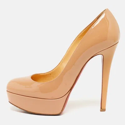 Pre-owned Christian Louboutin Bianca Size 35.5 Beige Patent Leather Platform Pumps In Sand