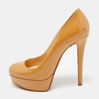 Pre-owned Christian Louboutin Bianca Size 36.5 Beige Patent Leather Platform Pumps In Sand