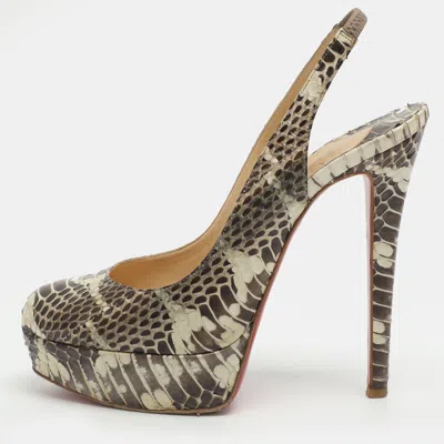 Pre-owned Christian Louboutin Bianca Size 37 Two Tone Python Leather Slingback Platform Sandals In Gray
