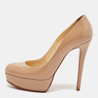 Pre-owned Christian Louboutin Bianca Size 38 Beige Patent Leather Platform Pumps In Sand