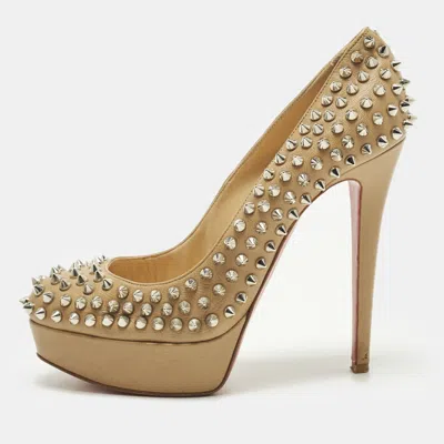 Pre-owned Christian Louboutin Bianca Spike Size 37.5 Beige Leather Platform Pumps In Sand