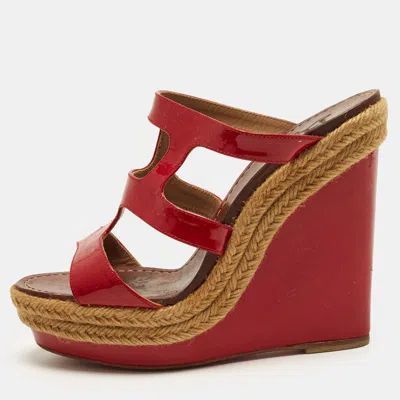 Pre-owned Christian Louboutin Bibao Size 37 Red Patent Leather Wedge Sandals