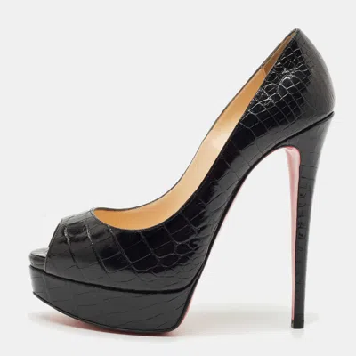 Pre-owned Christian Louboutin Black Alligator Lady Peep Toe Platform Pumps Size 38
