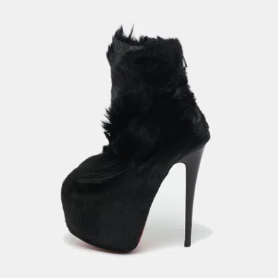 Pre-owned Christian Louboutin Black Calf Hair Puck Ankle Length Boots Size 35.5