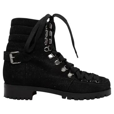 Pre-owned Christian Louboutin Black  Glitter Suede Combat Boots Size 38.5