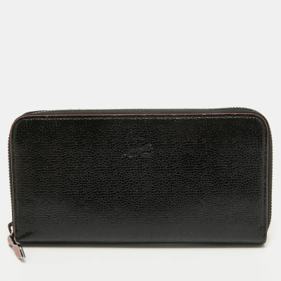 Pre-owned Christian Louboutin Black Crackled Patent Leather Zip Around Continental Wallet