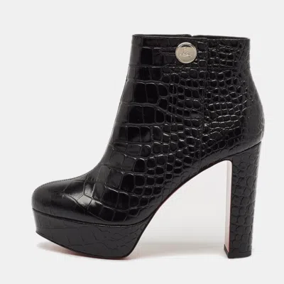 Pre-owned Christian Louboutin Black Croc Embossed Leather Ankle Length Boots Size 39