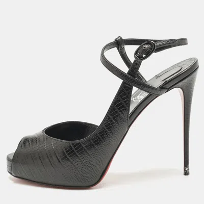 Pre-owned Christian Louboutin Black Croc Embossed Leather Jenlove Alta Peep Toe Ankle Strap Pumps Size 40