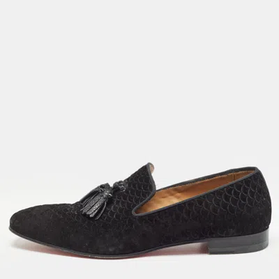 Pre-owned Christian Louboutin Black Embossed Suede Dandelion Smoking Slippers Size 42.5