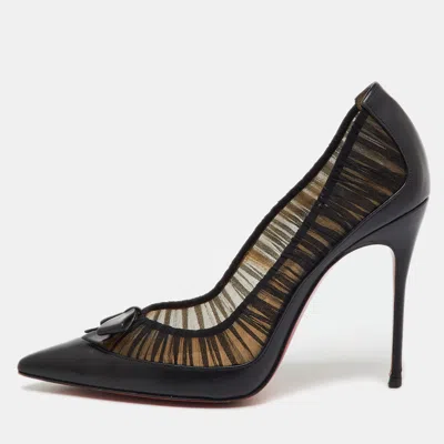 Pre-owned Christian Louboutin Black Fabric And Leather Bow Pointed Toe Pumps Size 37.5