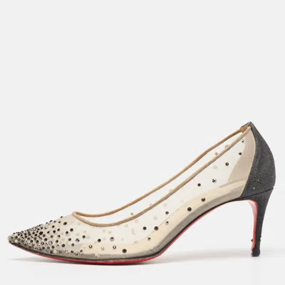 Pre-owned Christian Louboutin Black Glitter Fabric And Mesh Follies Strass Pumps Size 38.5