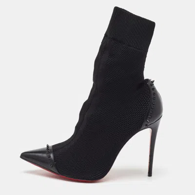 Pre-owned Christian Louboutin Black Knit Fabric And Leather Dovi Dova Spikes Socks Ankle Boots Size 37.5