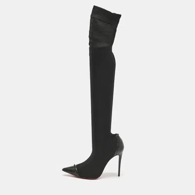 Pre-owned Christian Louboutin Black Knit Fabric And Leather Souricette Knee Length Boots 38