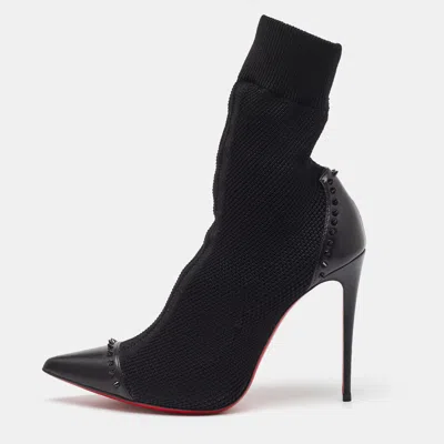 Pre-owned Christian Louboutin Black Knit Fabric And Leather Spikes Dovi Dova Socks Ankle Boots Size 40.5