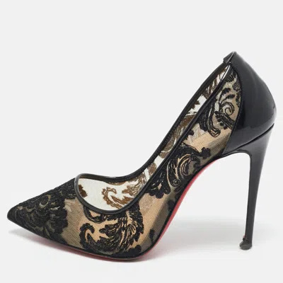Pre-owned Christian Louboutin Black Lace And Patent Leather Follies Dentelle Pumps Size 36.5