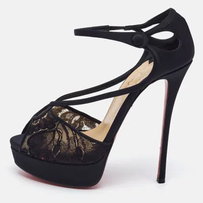 Pre-owned Christian Louboutin Black Lace And Satin Platform Sandals Size 38