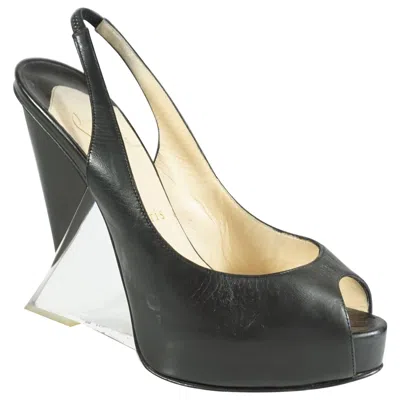 Pre-owned Christian Louboutin Black Leather And Lucite Slingback Peeptoe Platform, 37.5