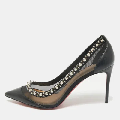 Pre-owned Christian Louboutin Black Leather And Mesh Galativi Spike Pointed Toe Pumps Size 38.5